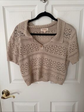Listicle Beige Open-Knit V-Neck Polo Sweater large